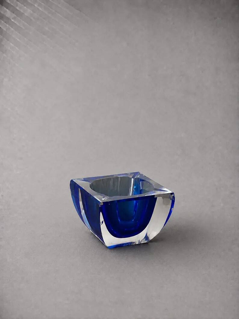 Vintage Sommerso glass ashtray in Murano style, square blue shape.