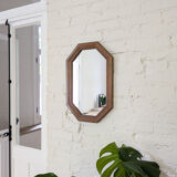 Miroir vintage octogonal en bois massif, style rustique ou entrée rétro