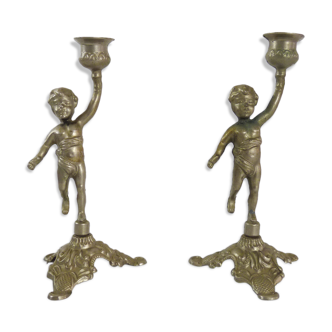 Pair of vintage cherub candlesticks, toddlers, silver years 70