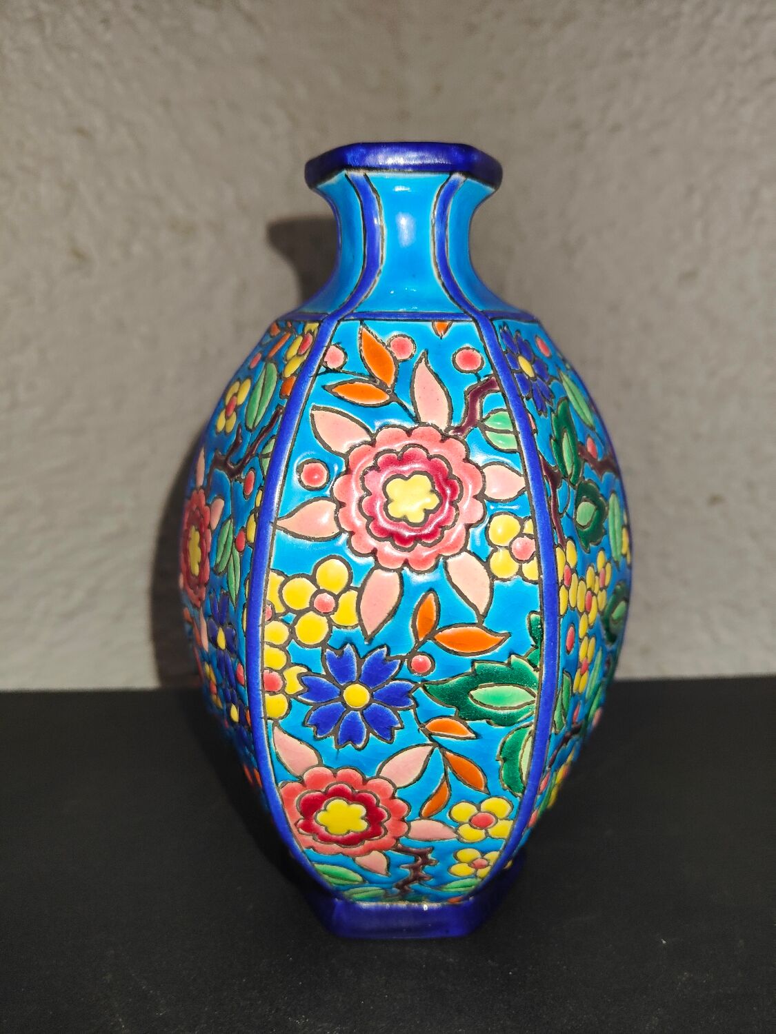 Octagonal ball vase in Longwy earthenware with floral decoration of cloisonné enamels
