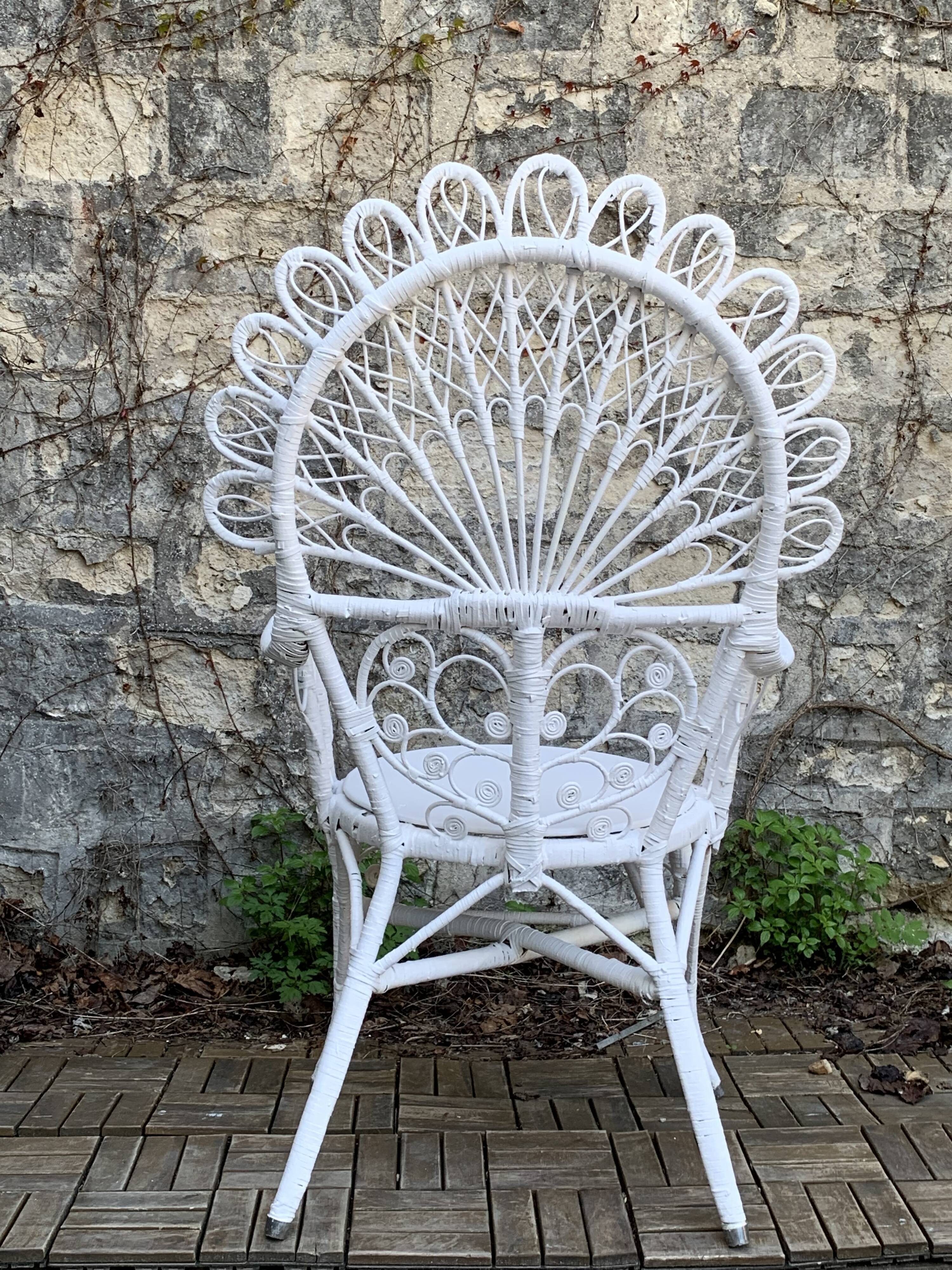 Emmanuelle Peacock white rattan armchair 1970