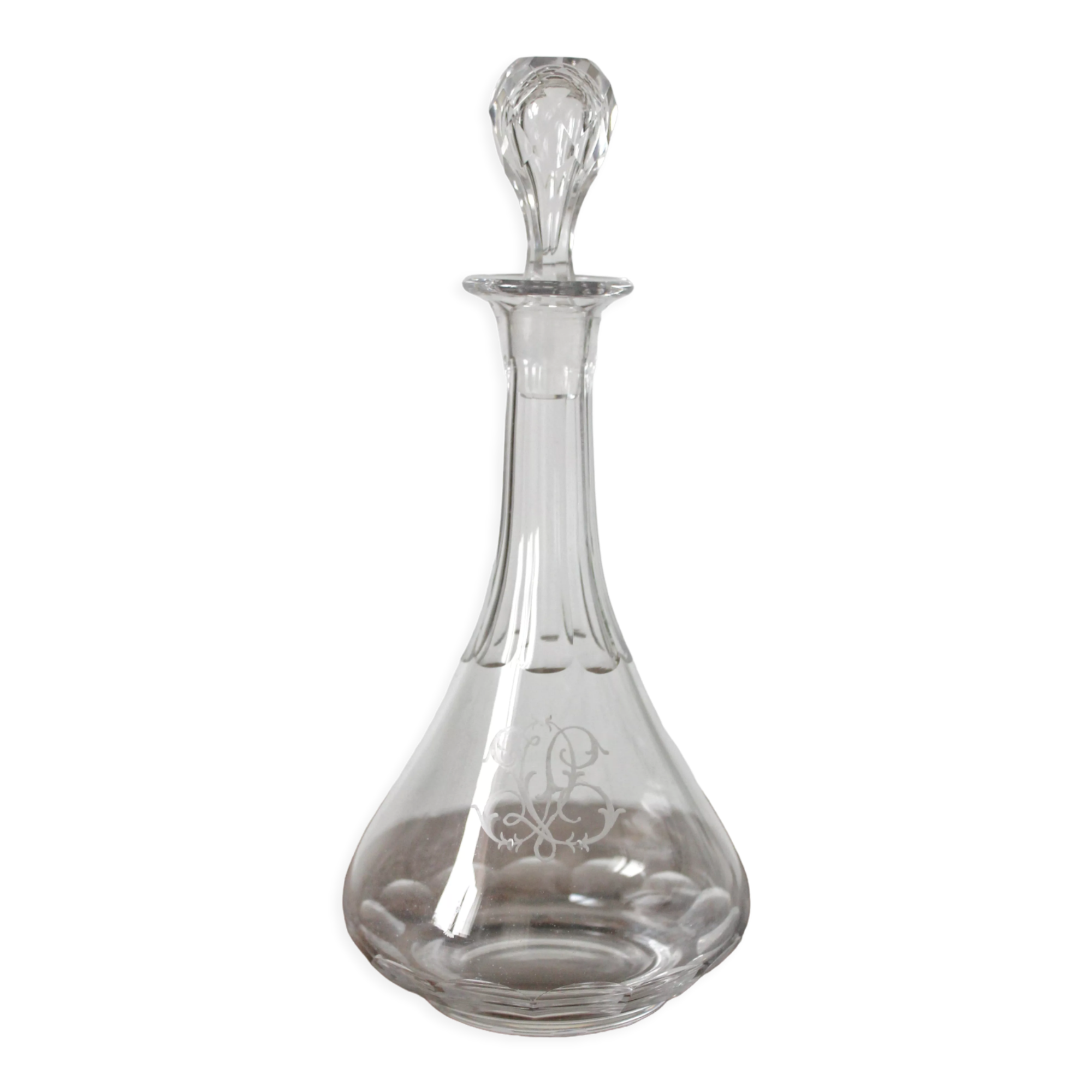 Antique crystal liqueur decanter with engraved monogram and flat ribs