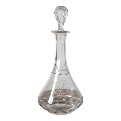 Carafe à liqueur ancienne en cristal monogramme gravé et côtes plates