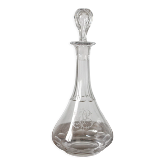 Antique crystal liqueur carafe with engraved monogram and flat ribs