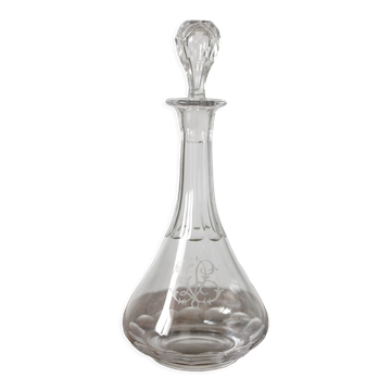 Carafe à liqueur ancienne en cristal monogramme gravé et côtes plates