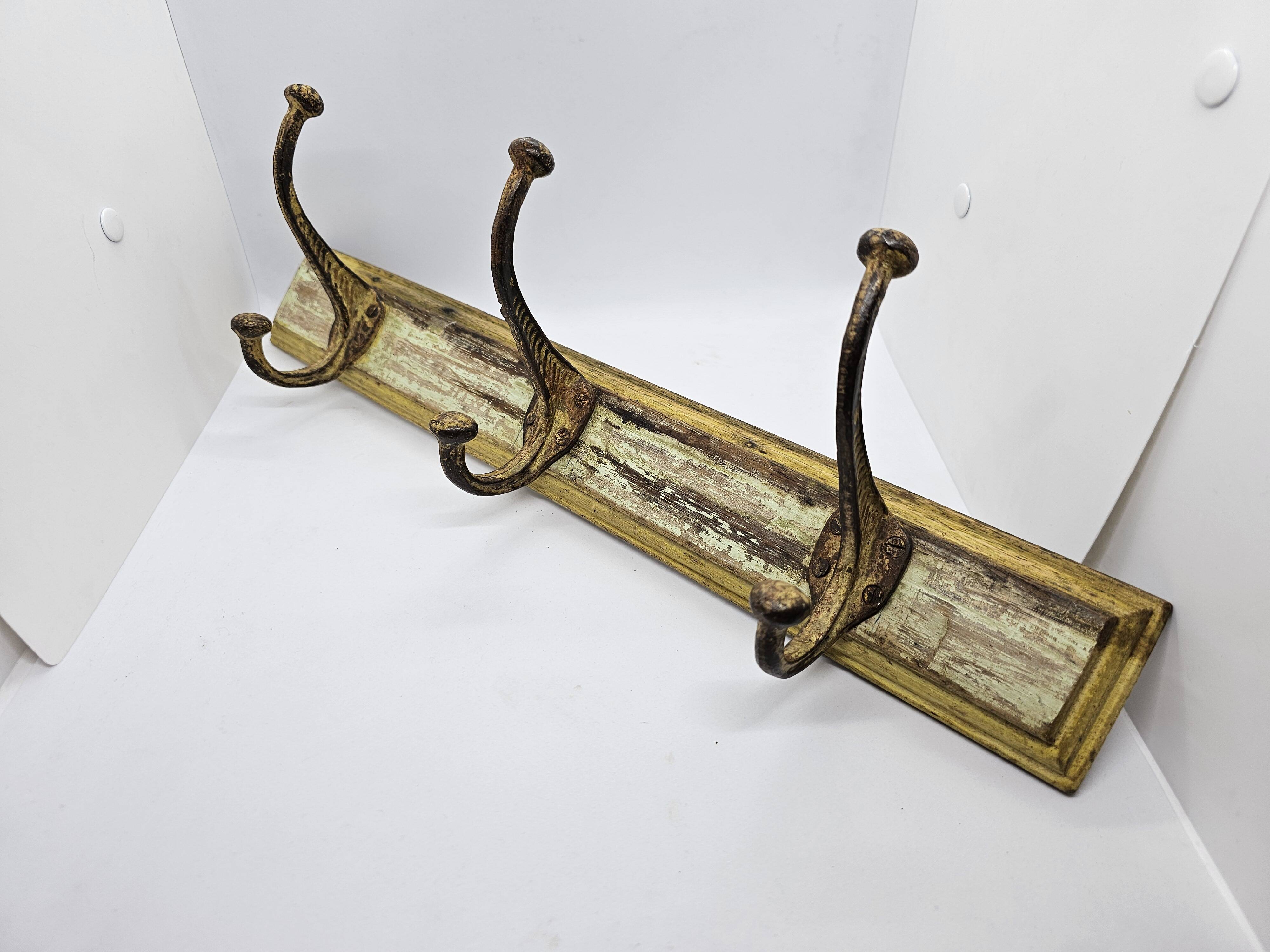 Solid teak coat hook with 3 double cast iron hooks