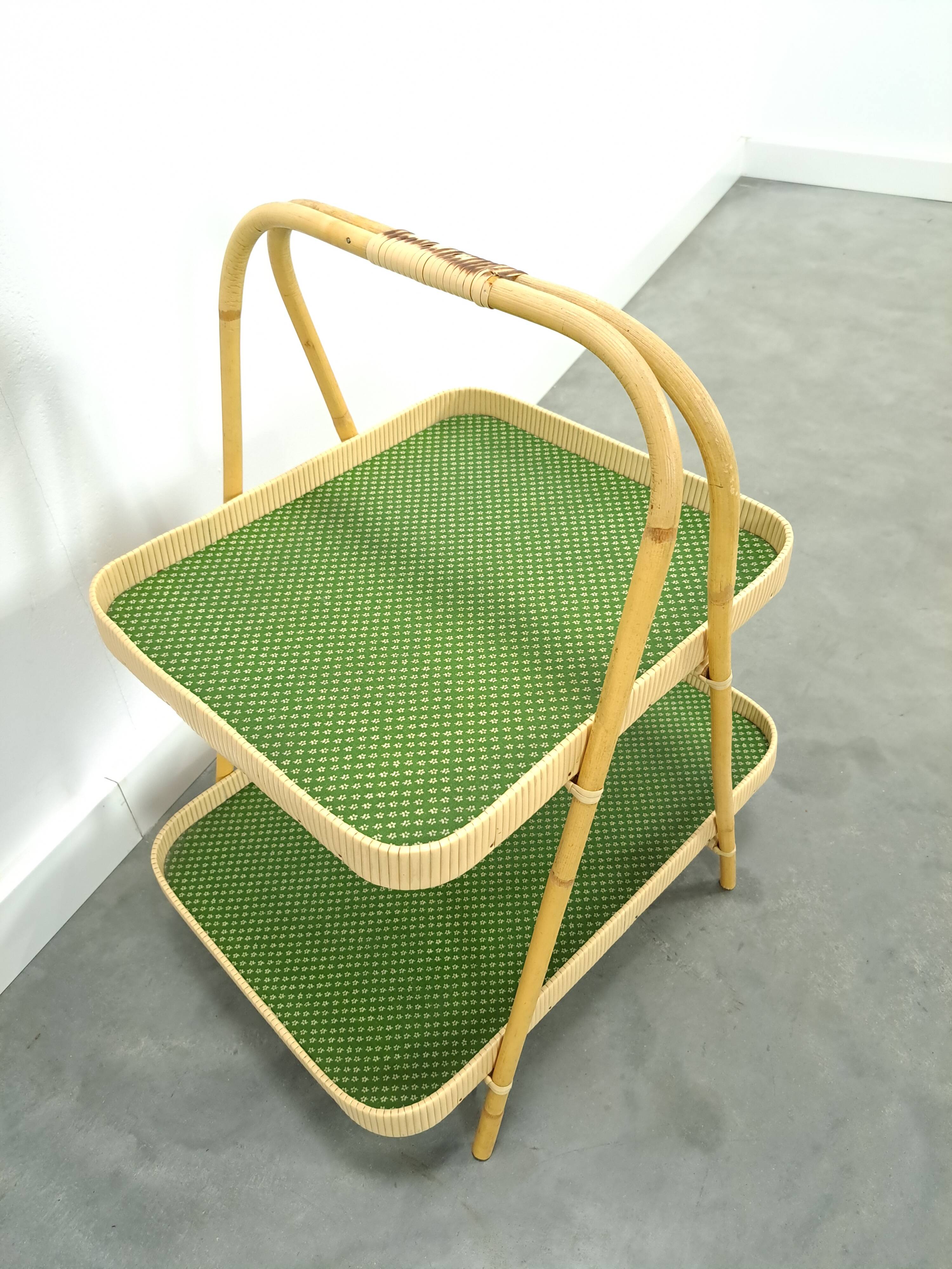 Rattan double tray with green leaf vintage fruit basket