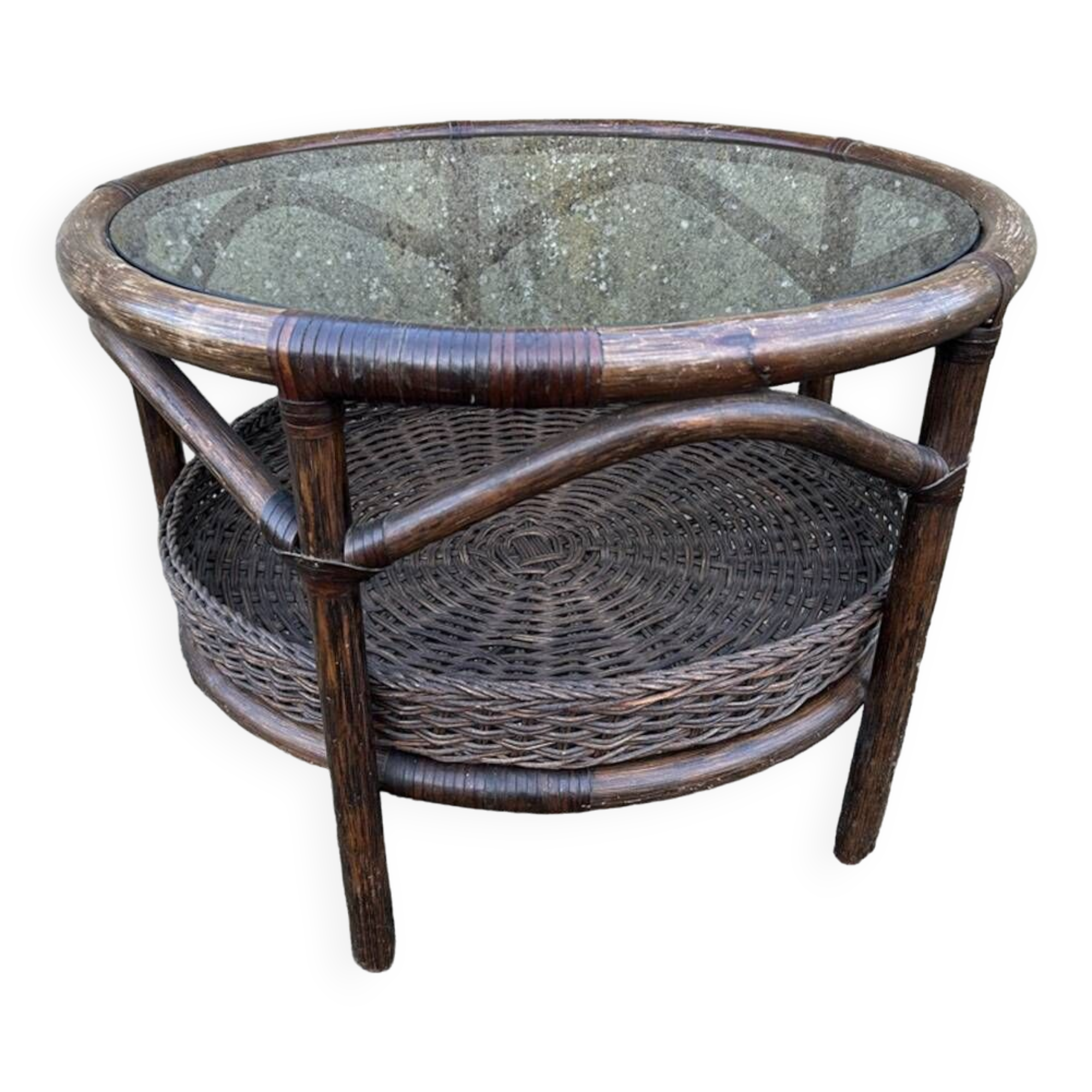 Round rattan and bamboo coffee table, vintage 1960
