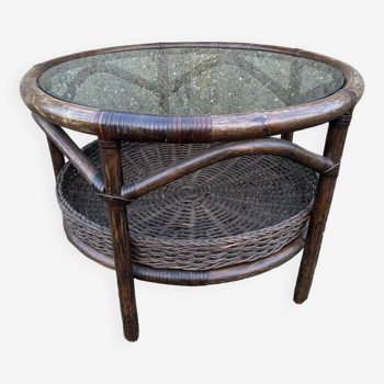 Round rattan and bamboo coffee table, vintage 1960