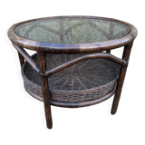Round rattan and bamboo coffee table, vintage 1960