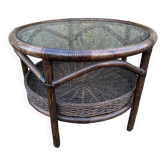 Round rattan and bamboo coffee table, vintage 1960