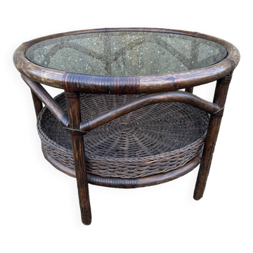 Round rattan and bamboo coffee table, vintage 1960