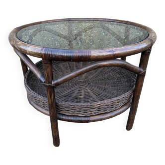 Round rattan and bamboo coffee table, vintage 1960