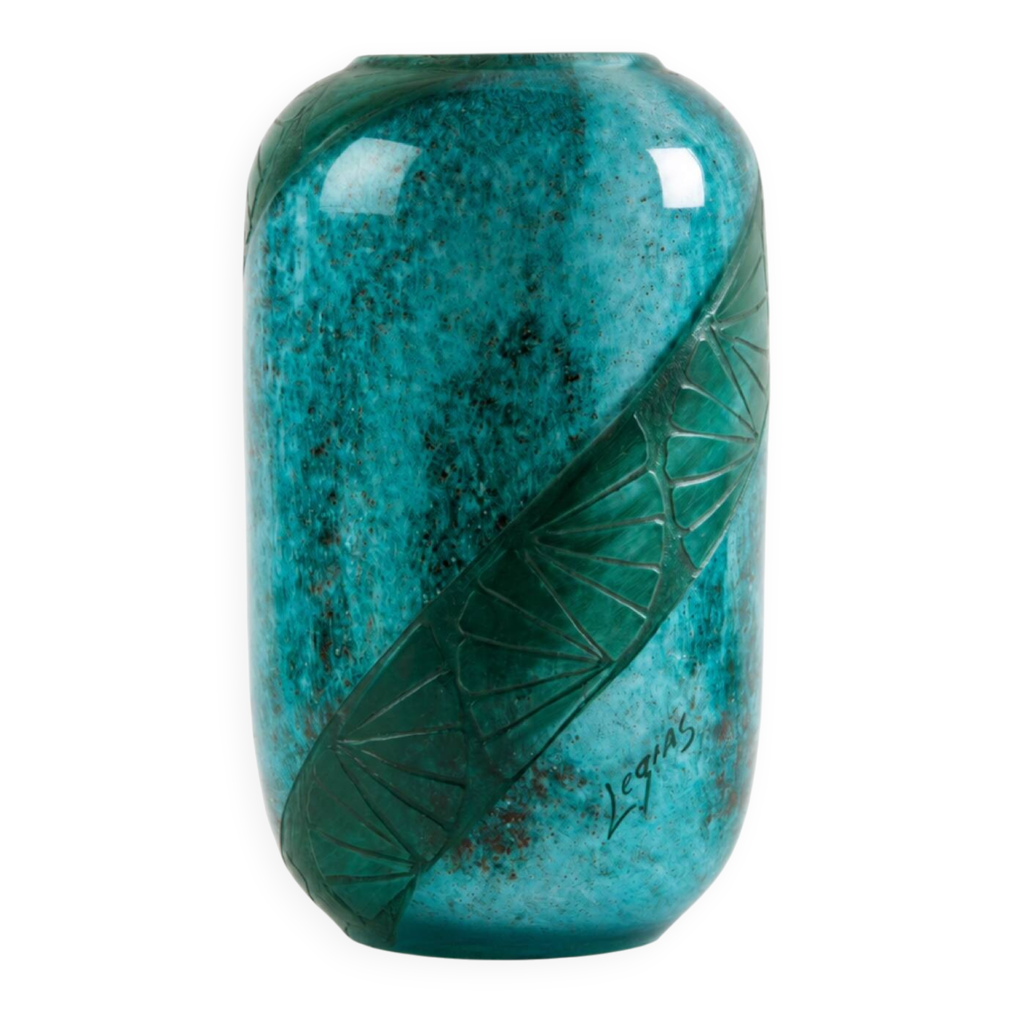 Legras Art Deco Vase - Turquoise marbled glass with palm decoration