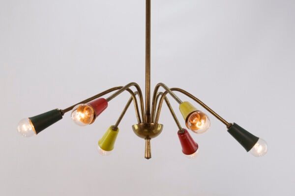 Vintage chandelier 1950, 6 arms, brass and colors, 60cm in diameter