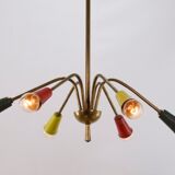 Vintage chandelier 1950, 6 arms, brass and colors, 60cm in diameter