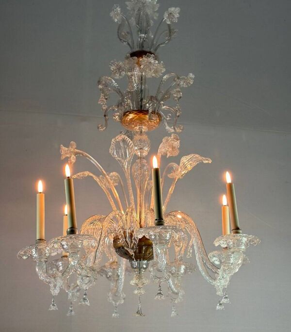 Lustre en verre de murano incolore 8 bras de lumière vers 1890