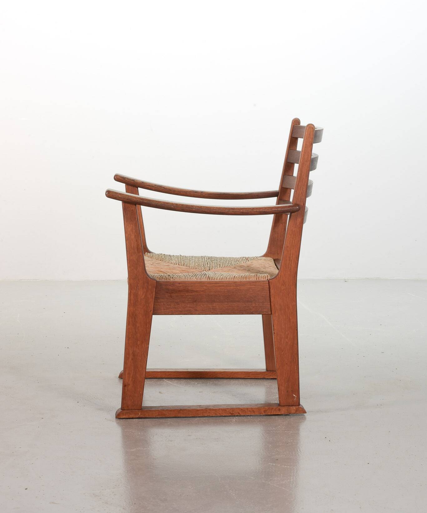 Rare Bas van Pelt Brutalist Oak Armchair with Woven Rush Seat for My Home