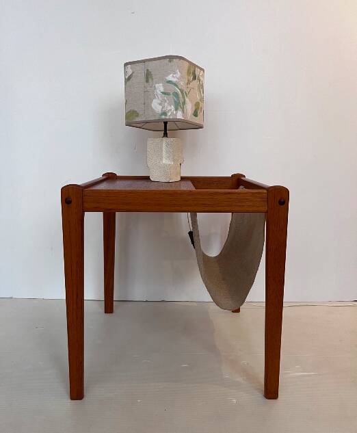 occasional table / magazine rack in teak and turbo-edged fabric