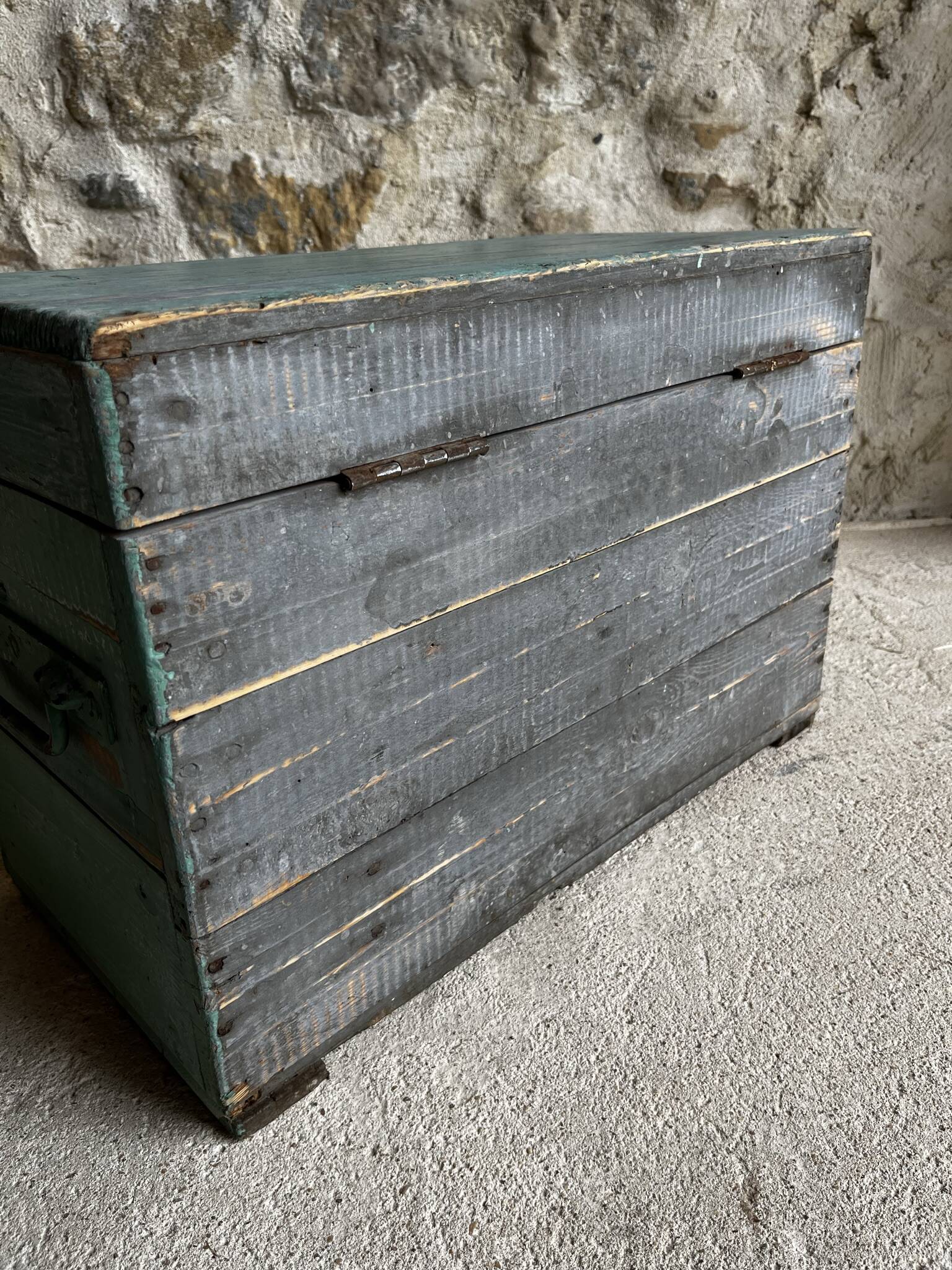 Patinated green wooden chest