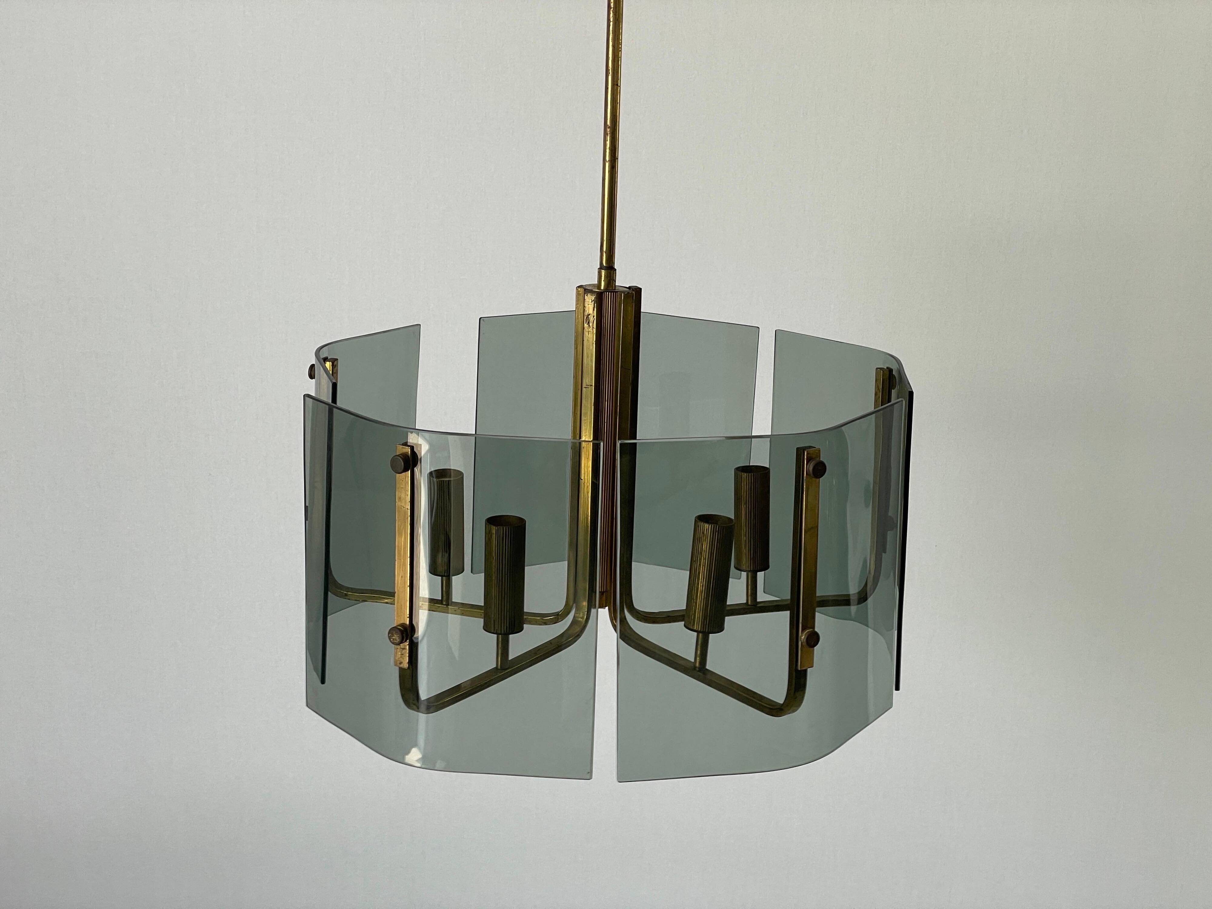 Grey glass chandelier with a brass body, 1960, Italy