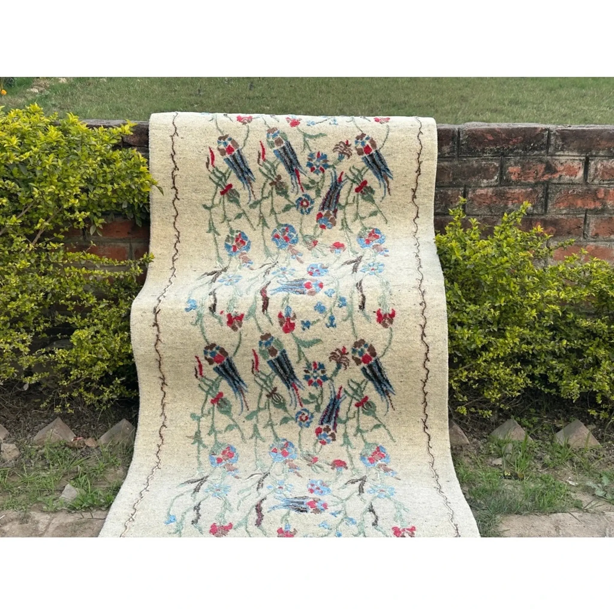 Hand-Knotted Silk Runner Rug for Hallway, Ivory Floral Vine Design Rug for Kitchen