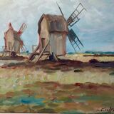 Peinture à l'huile vintage de moulin à vent, signée L.Carlson 1960