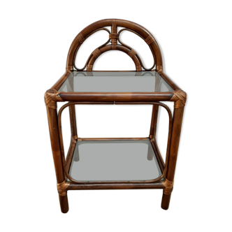 Bedside table, brown tinted rattan, two glass shelves