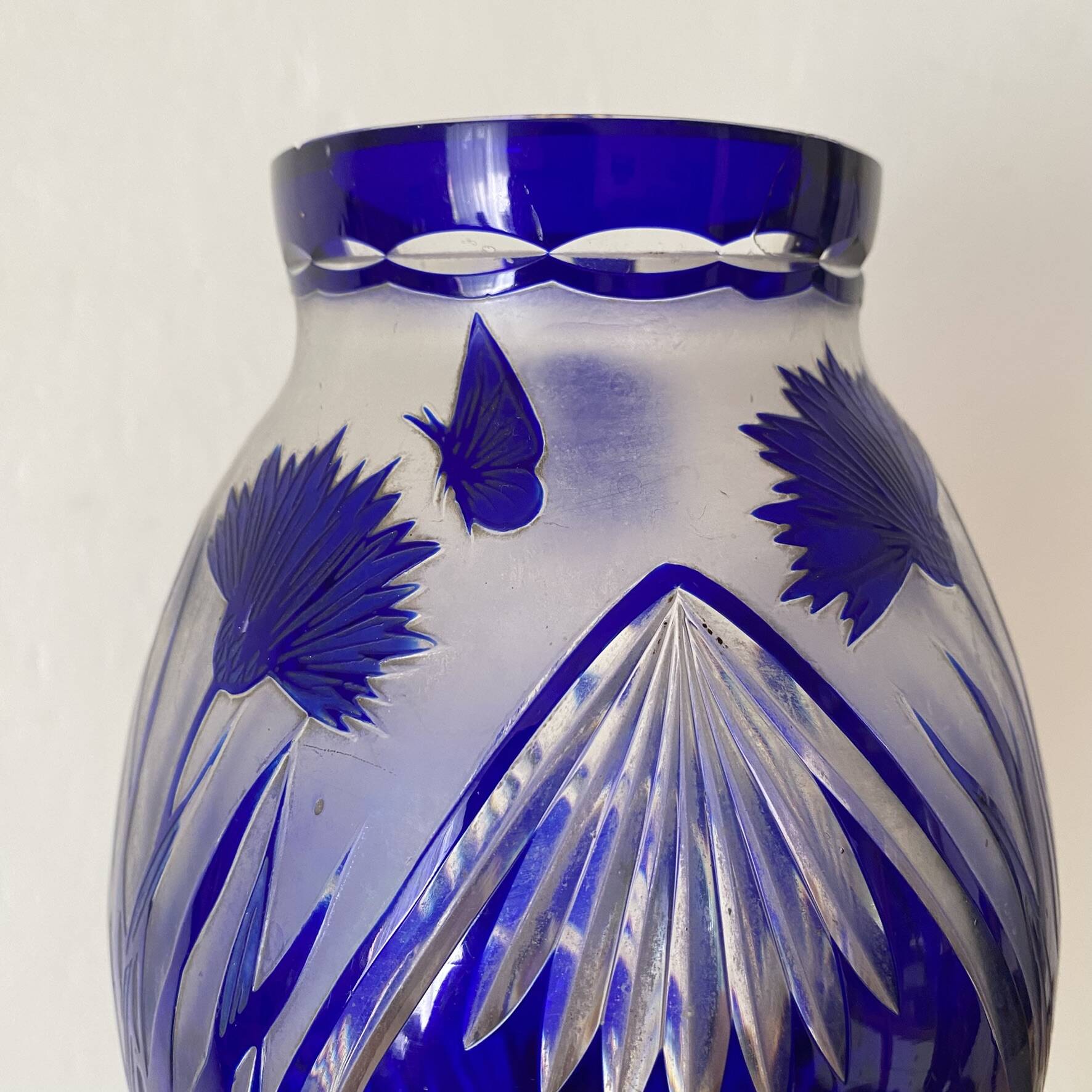 Cobalt blue double crystal vase signed G. Raspiller