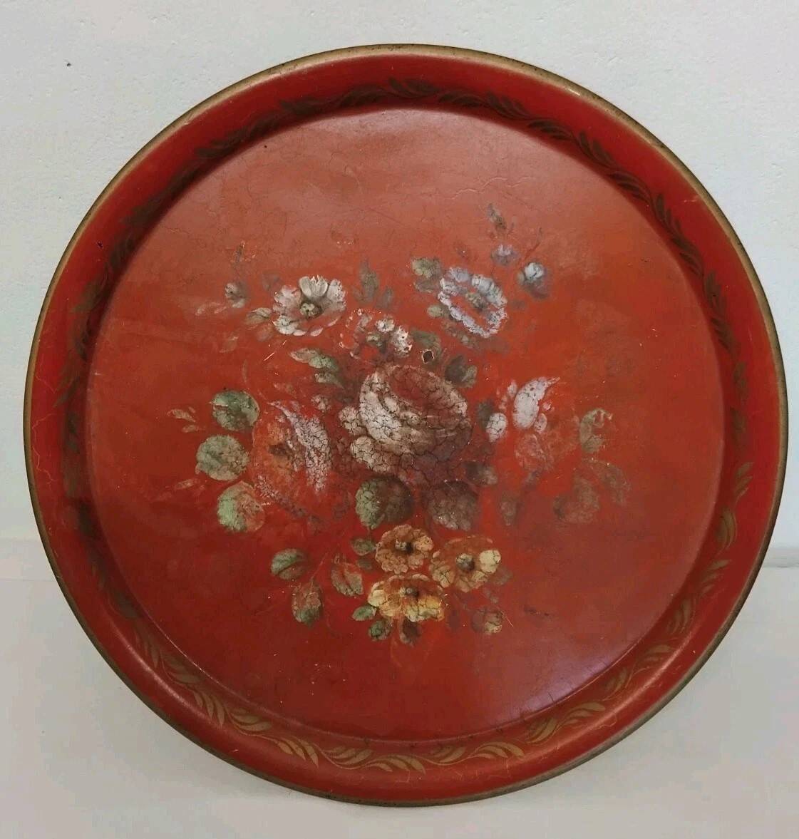 Antique Napoleon III Round Sheet Metal Tray - Flower Painting