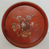Ancien Plateau Rond En Tôle Napoléon III -Peinture Fleur