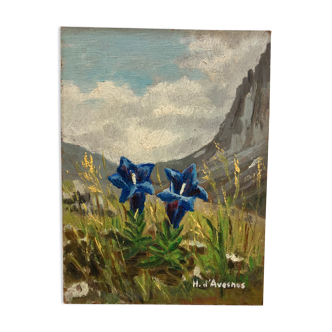 Huile sur panneau fleurs vintage