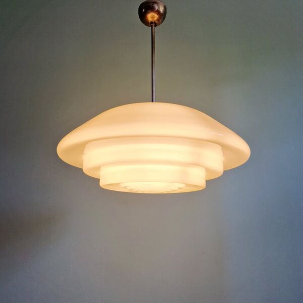 Suspension Bauhaus XXL en opaline blanche, années 1930