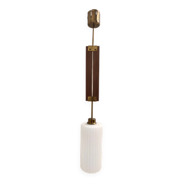 1960s Vintage Pendant Light, Opaline Glass, Teak & Brass, Italy