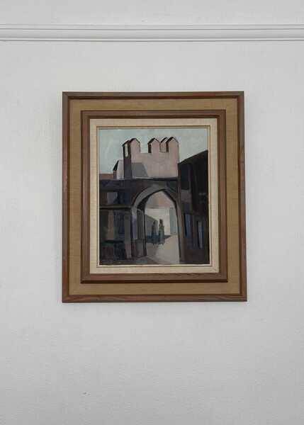 Original mid-century Swedish oil on canvas – “Entrance” by Reuben Hedin – vintage & framed – 55 × 63 cm