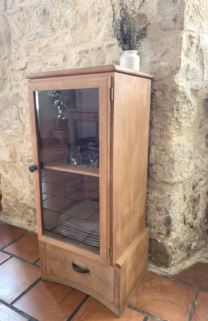 Wooden glass cabinet with drawer