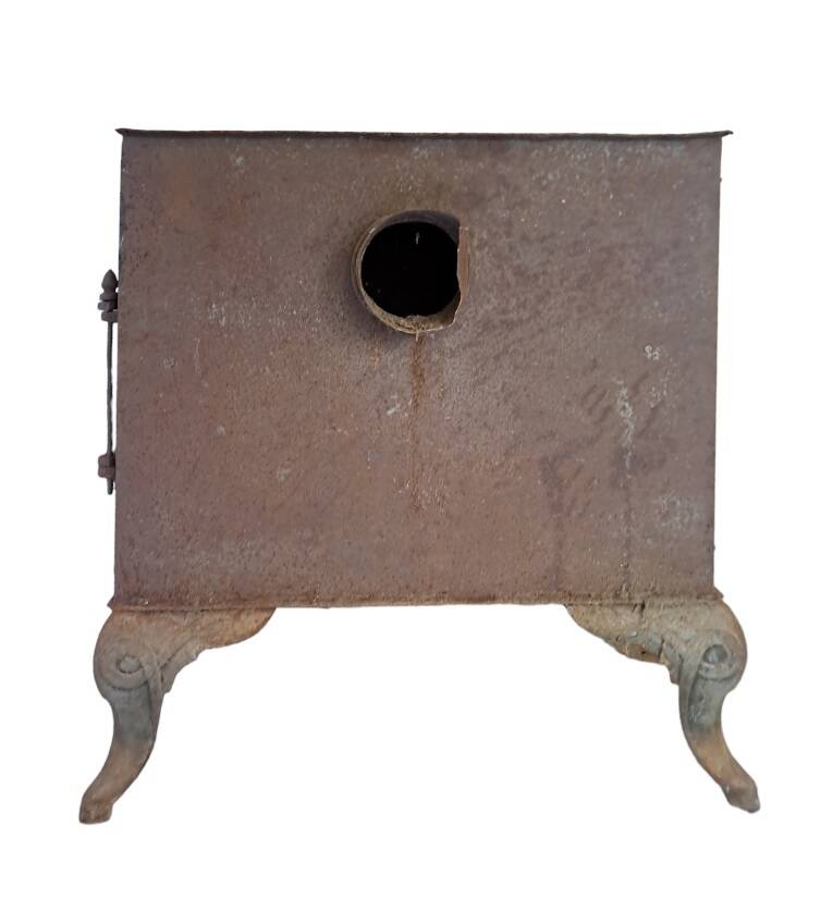 Antique enameled cast iron art deco wood stove, Phebus brand, aubergine color