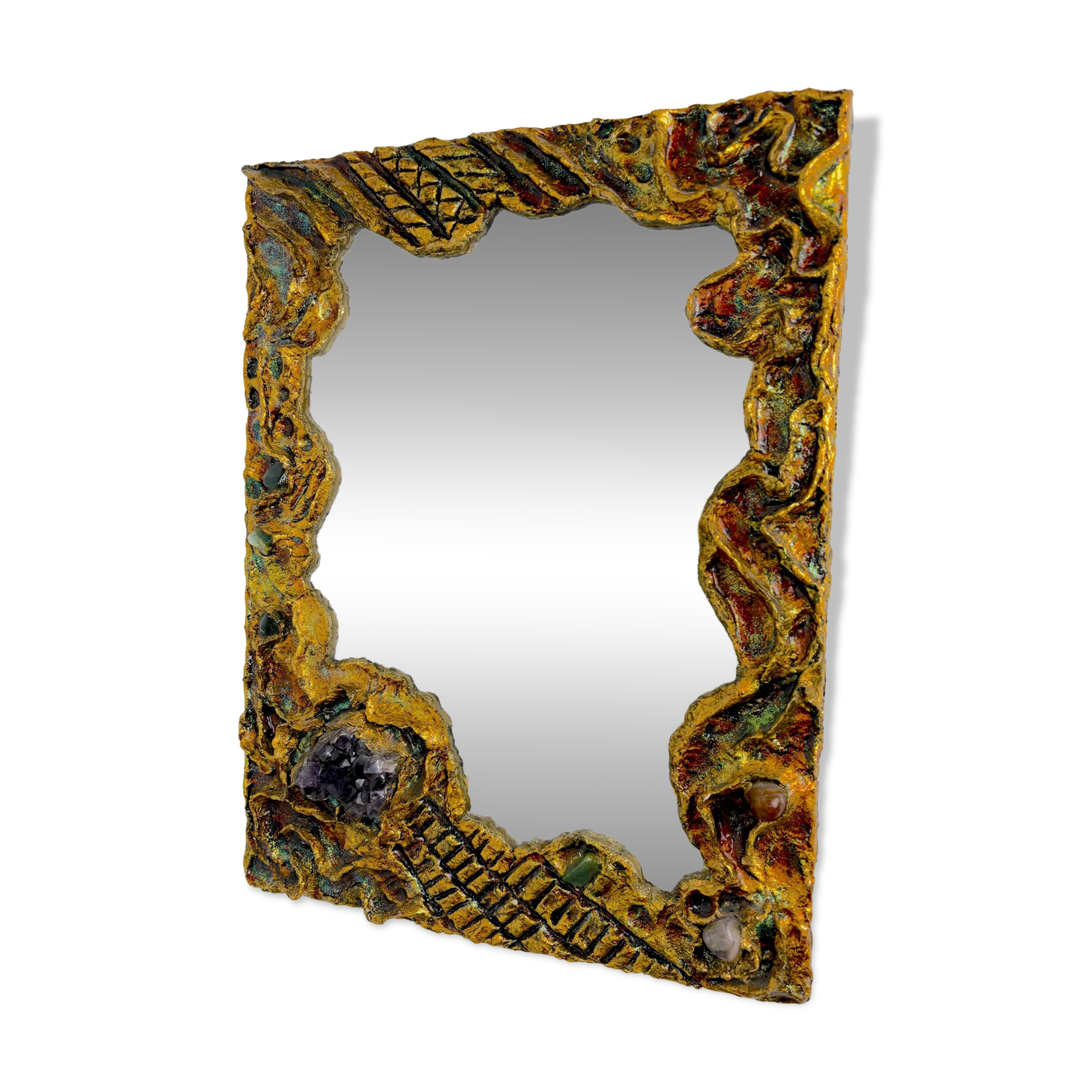 Italian brutalist resin and stones mirror, 1970s