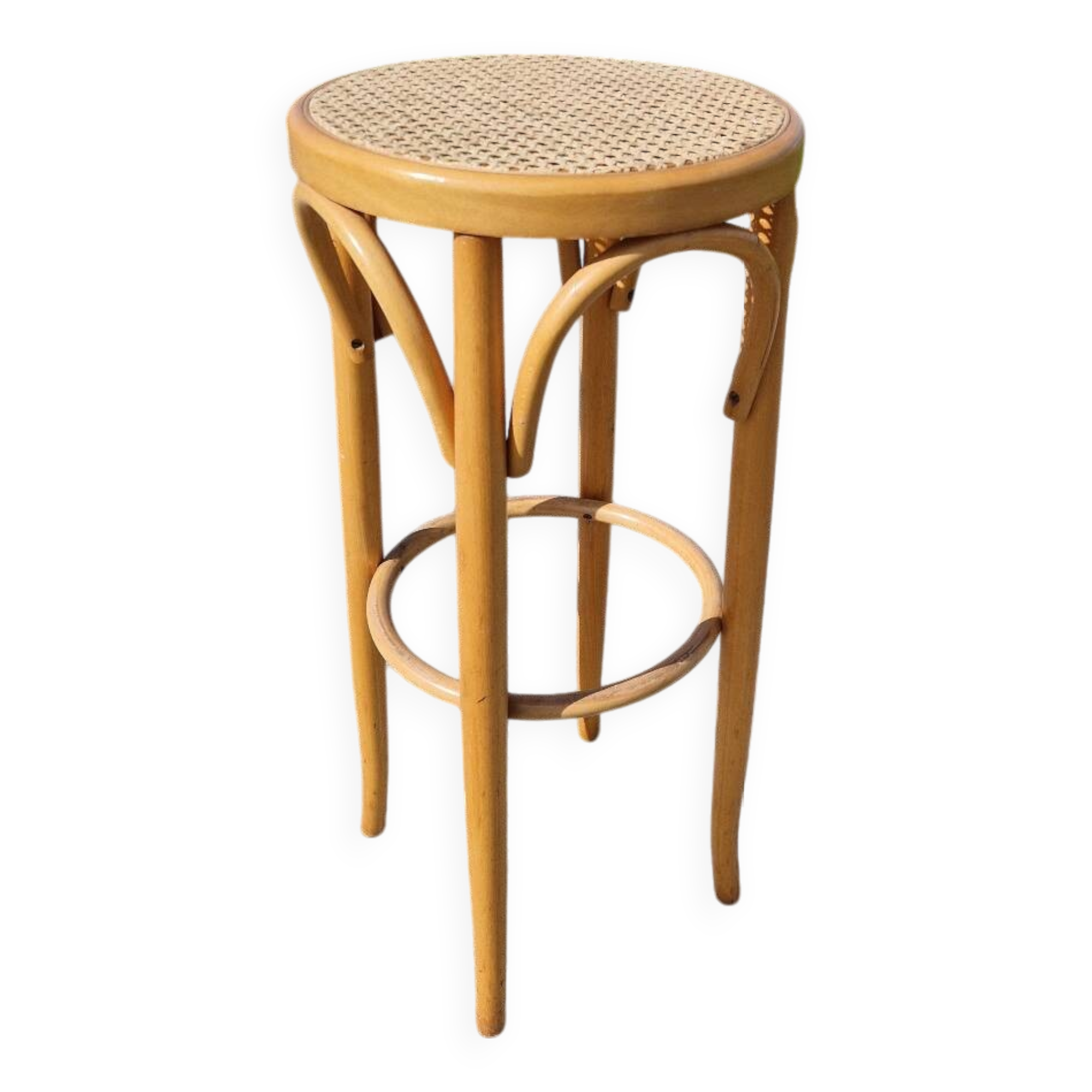High bar stool in curved wood and cane