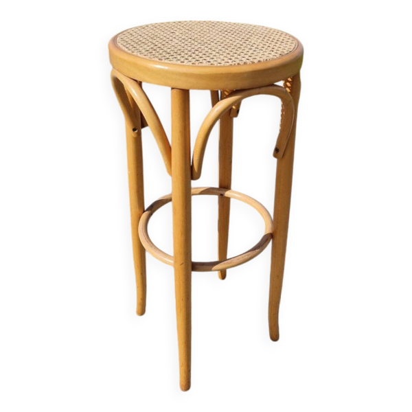 Tabouret haut de bar en bois courbé et cannage