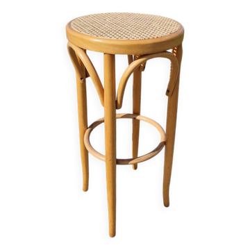 Tabouret haut de bar en bois courbé et cannage