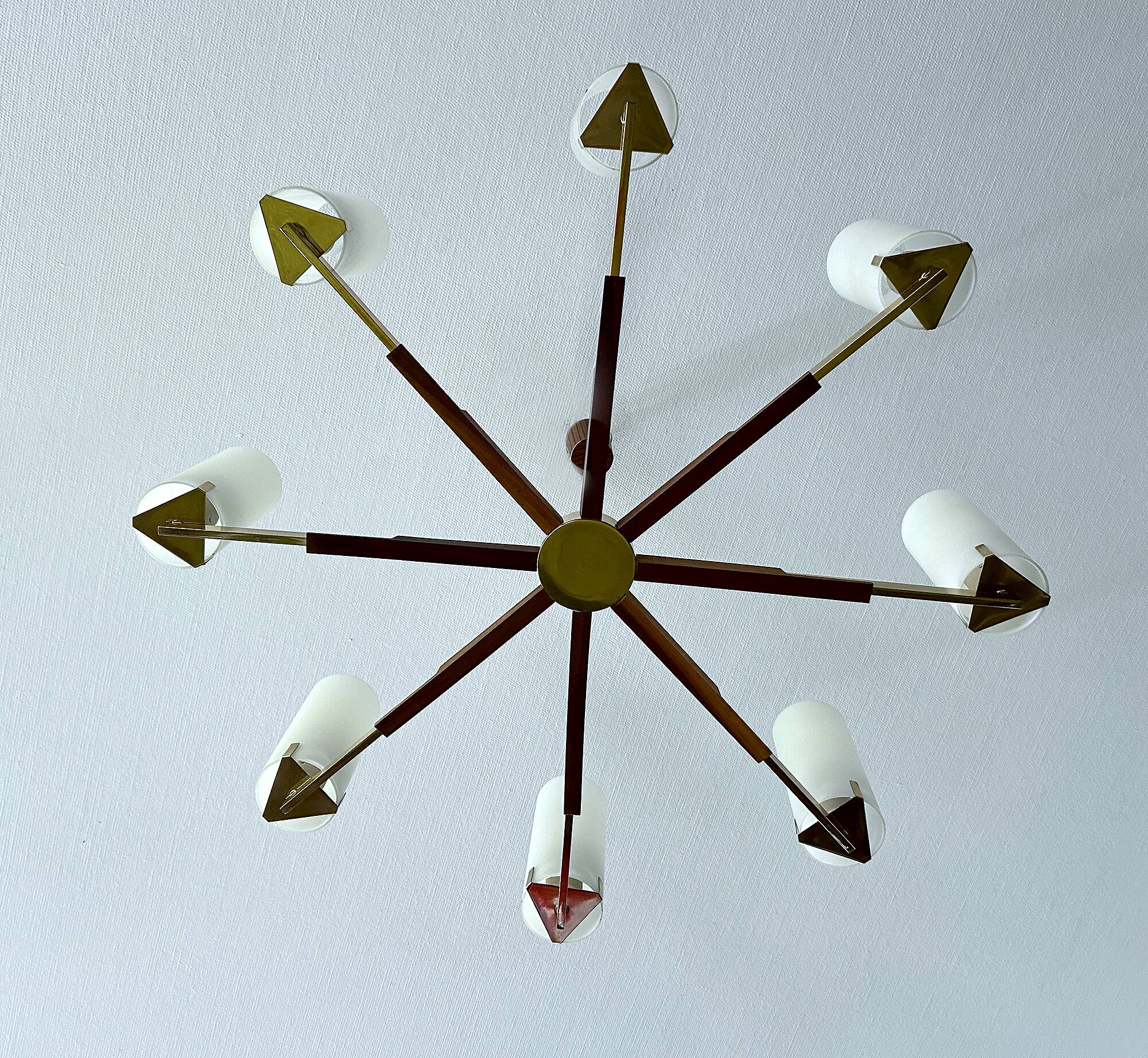 Grande suspension scandinave, teck, laiton et verre