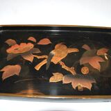 Set of two brown and black Chinese lacquer trays with bird decor