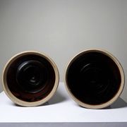A pair of vintage stoneware pots from the 80s-90s with a Japanese style, signed handmade pottery.