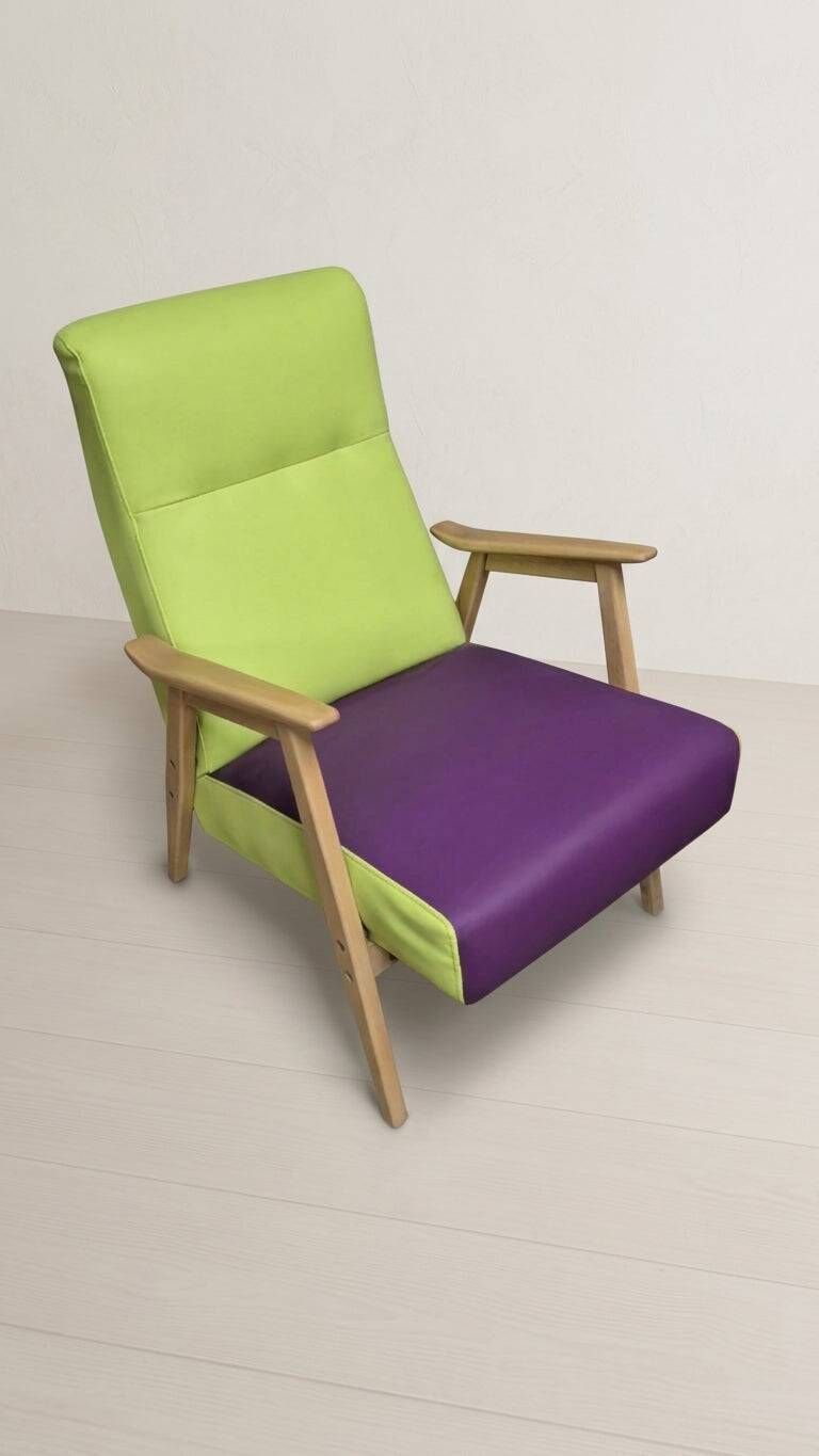 Pair of restored vintage armchairs, green and purple upholstery