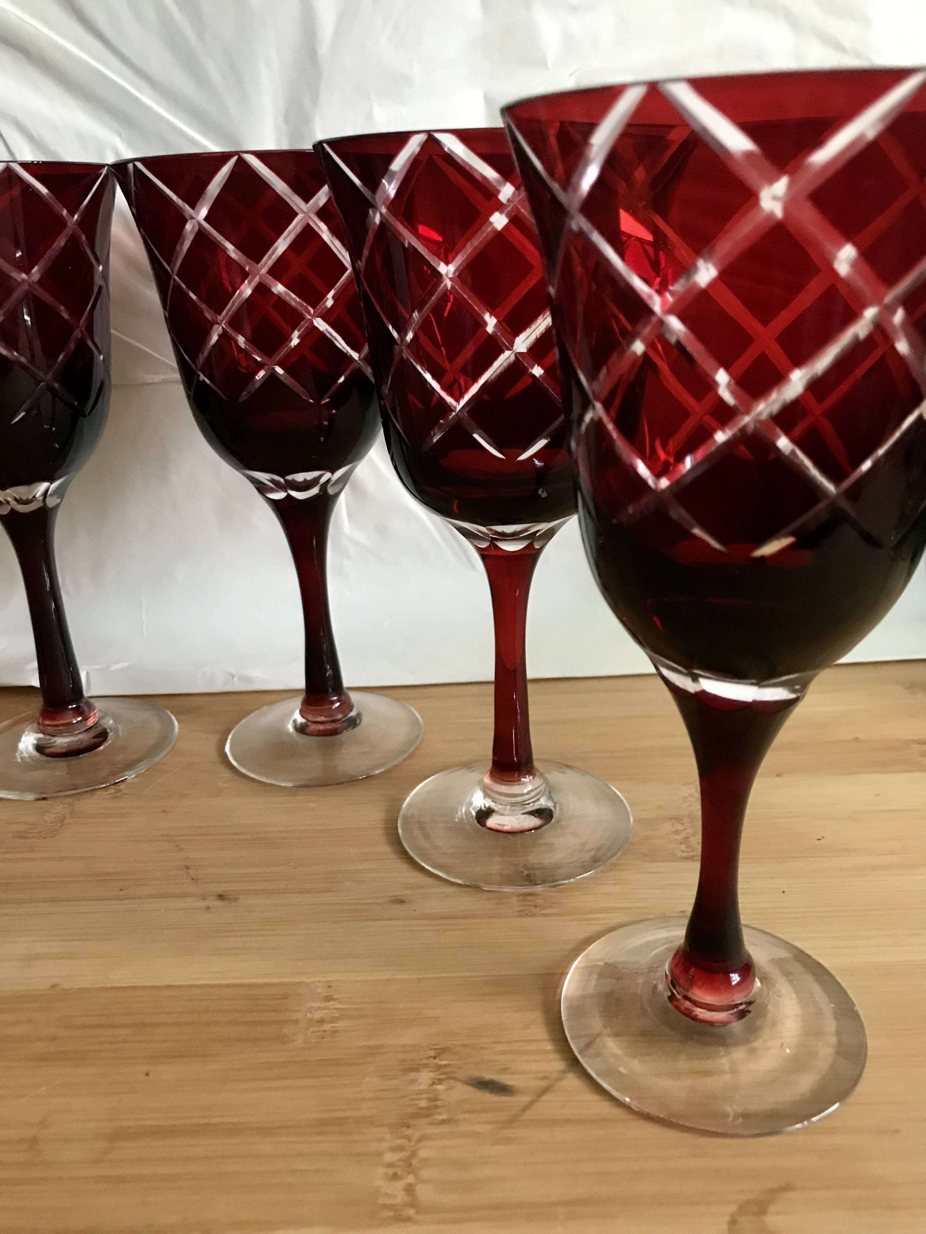 6 red italian cut glass wine glasses