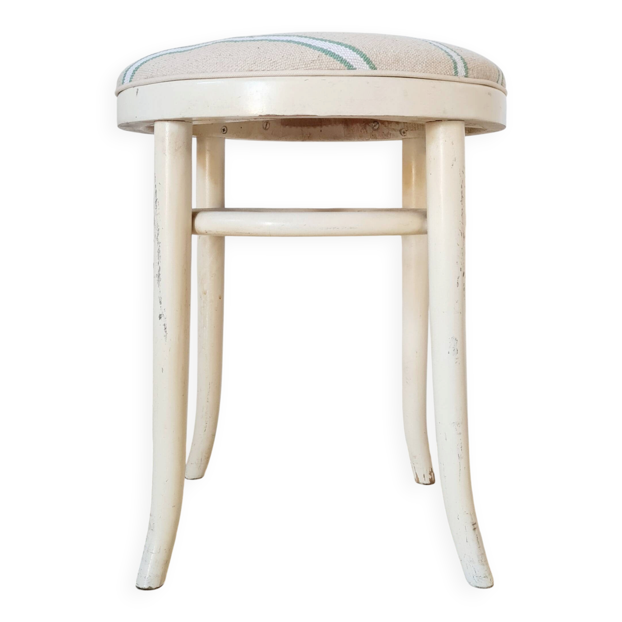 Vintage curved wooden stool in Baumann style, striped seat.