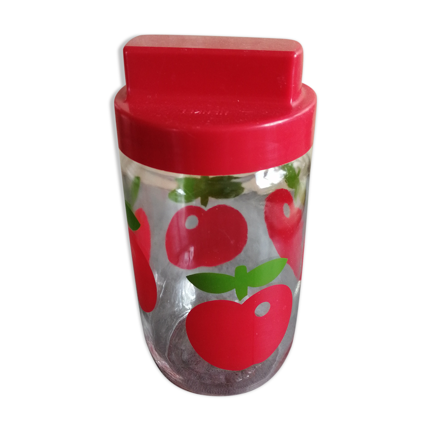 Henkel preservation jar, glass, apple or cherry decoration, in very good condition