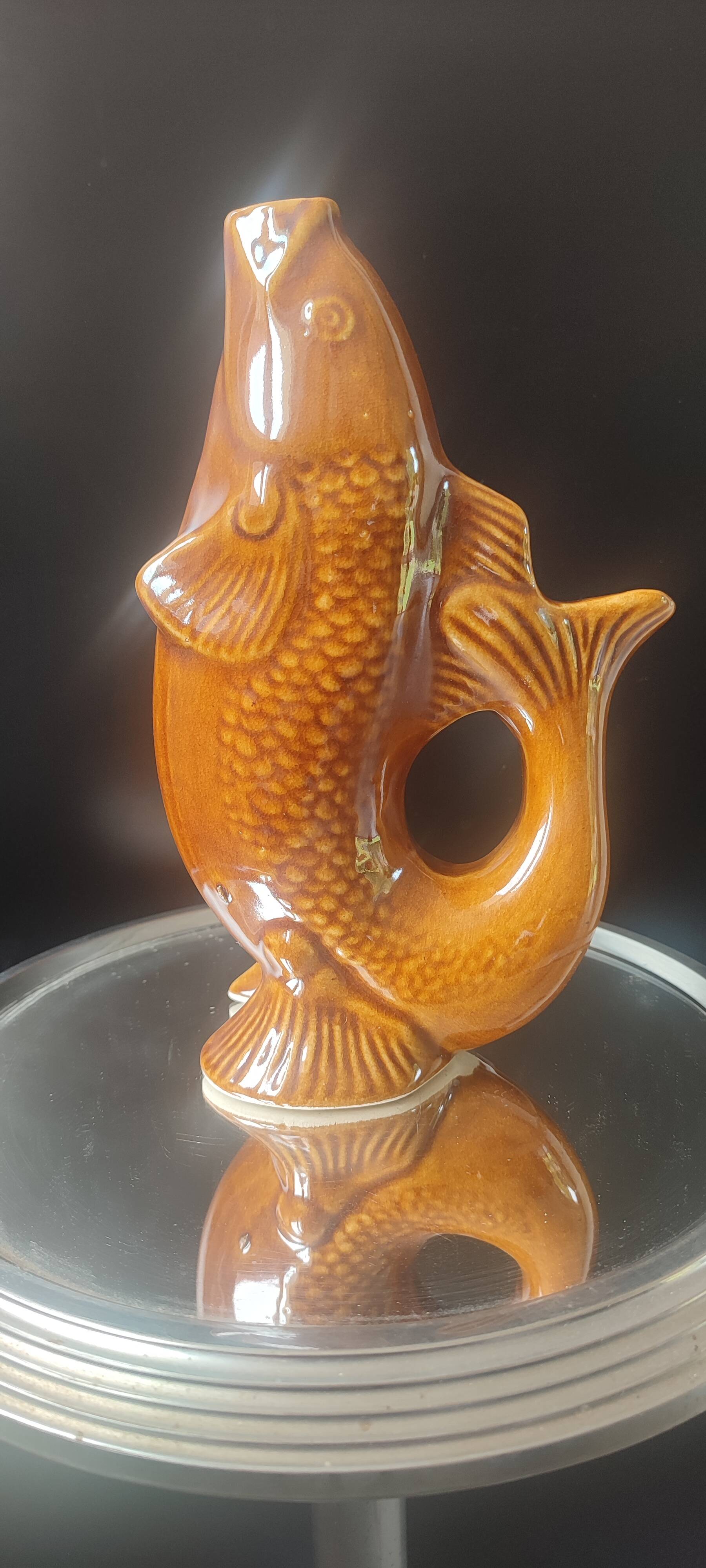 Carafe and glasses "Fish" Amber Ceramic Vintage USSR era