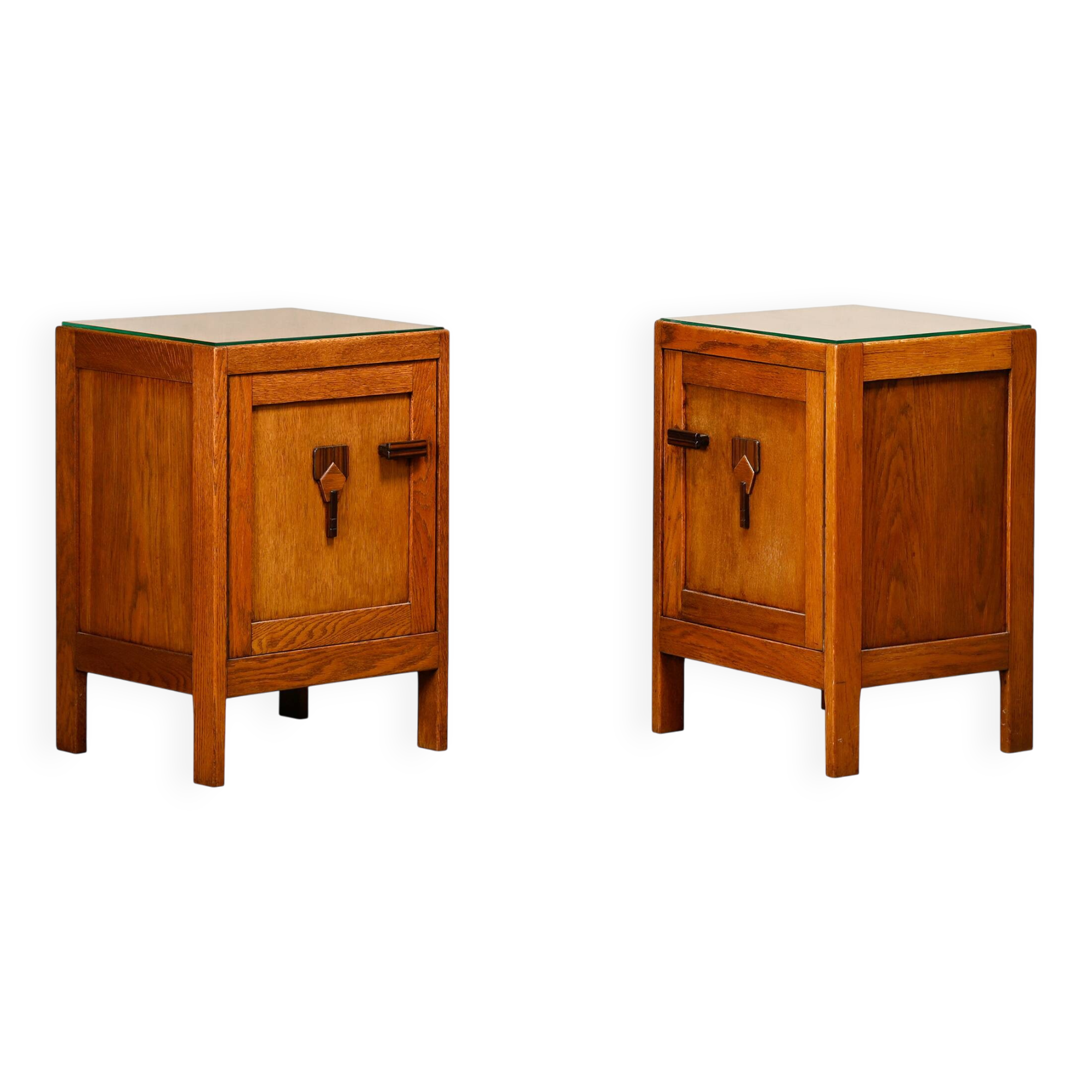 Art Deco Amsterdam School Nightstands pair in oak and glass, 1930s Netherla